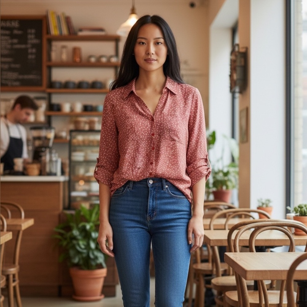 Fortune and Ivy Pink dot two pocket blouse M Coquette 3/4 sleeve roll up